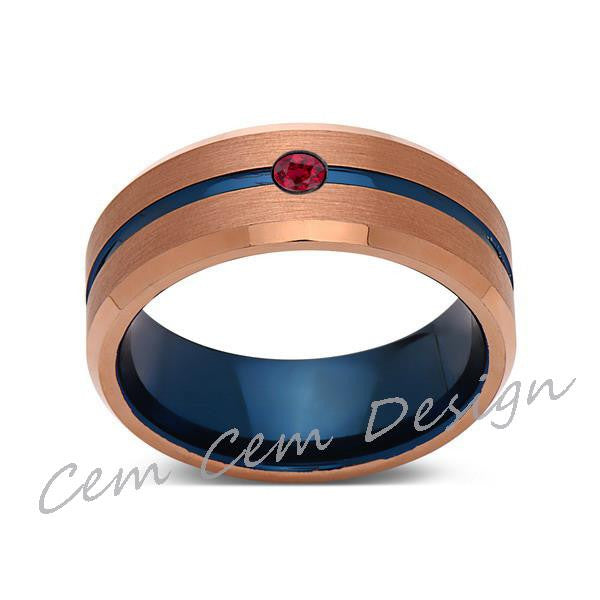 8mm,Red Ruby,Brushed Rose Gold,Blue,Tungsten Ring,Mens Wedding Band,Blue Mens Ring - LUXURY BANDS LA