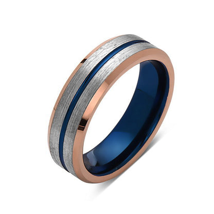 Blue Tungsten Wedding Band - Rose Gold Brushed Tungsten Ring - 6mm - Mens Ring - Tungsten Carbide - Engagement Band - Comfort Fit - LUXURY BANDS LA