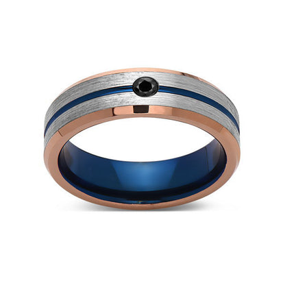 6mm,Black Diamond,Brushed Rose Gold,Gray and Blue,Tungsten Ring,Matching ,Mens Wedding Band,Blue Ring,Comfort Fit - LUXURY BANDS LA
