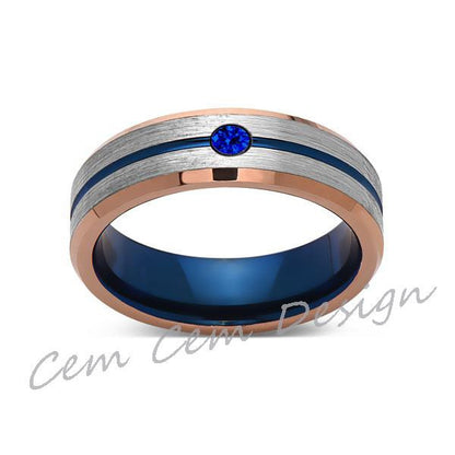 6mm,Blue Sapphire,Brushed Rose Gold,Gray and Blue,Tungsten Ring,Matching ,Mens Wedding Band,Blue Ring,Comfort Fit - LUXURY BANDS LA