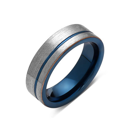 Blue Tungsten Wedding Band - Gray Brushed Tungsten Ring - 6mm - Mens Ring - Tungsten Carbide - Engagement Band - Comfort Fit - LUXURY BANDS LA