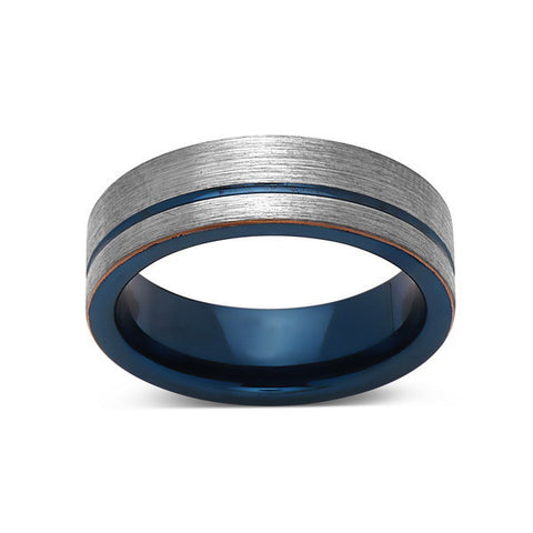 Blue Tungsten Wedding Band - Gray Brushed Tungsten Ring - 6mm - Mens Ring - Tungsten Carbide - Engagement Band - Comfort Fit - LUXURY BANDS LA