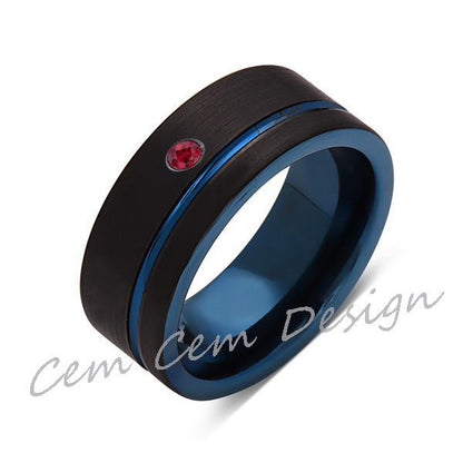 8mm,New,Red Ruby,Black Brushed, Blue Groove,Tungsten Ring,Mens Wedding Band,Blue Ring,Comfort Fit - LUXURY BANDS LA