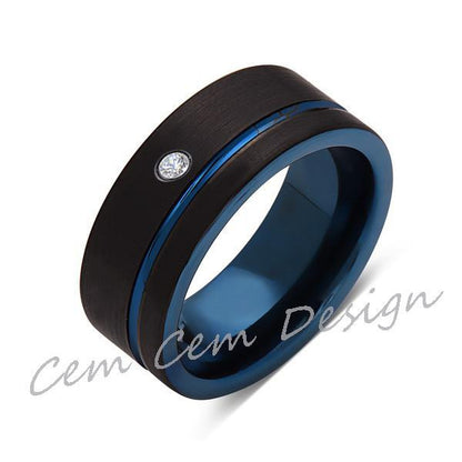 8mm,New,Diamond,Black Brushed, Blue Groove,Tungsten Ring,Mens Wedding Band,Blue Ring,Comfort Fit - LUXURY BANDS LA