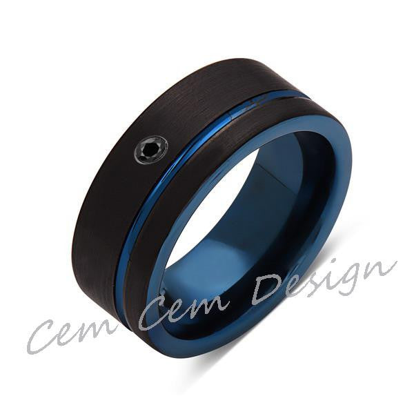 8mm,New,Black Diamond,Black Brushed, Blue Groove,Tungsten Ring,Mens Wedding Band,Blue Ring,Comfort Fit - LUXURY BANDS LA