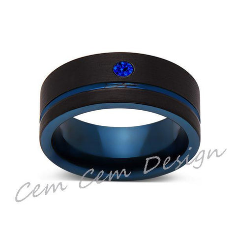 8mm,New,Blue Sapphire,Black Brushed, Blue Groove,Tungsten Ring,Mens Wedding Band,Blue Ring,Comfort Fit - LUXURY BANDS LA