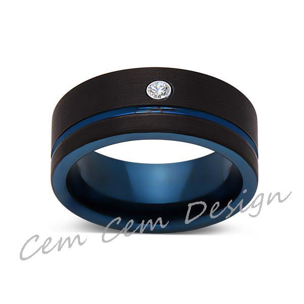 8mm,New,Diamond,Black Brushed, Blue Groove,Tungsten Ring,Mens Wedding Band,Blue Ring,Comfort Fit - LUXURY BANDS LA