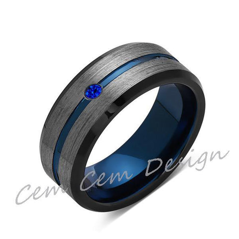 8mm,Blue Sapphire,Brushed Gun Metal,Gray and Black,Blue Tungsten Ring,Mens Wedding Band,Comfort Fit - LUXURY BANDS LA