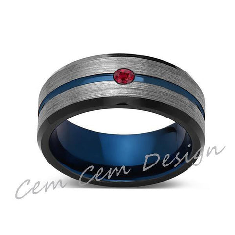 8mm,Red Ruby,Brushed Gun Metal,Gray and Black,Blue Tungsten Ring,Mens Wedding Band,Comfort Fit - LUXURY BANDS LA