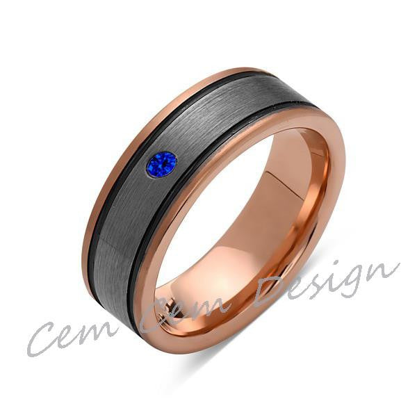 8mm,Blue Sapphire,New,Unique,Rose Brushed,Rose Gold, Black Grooves,Tungsten Ring,Mens Wedding Band,Comfort Fit - LUXURY BANDS LA
