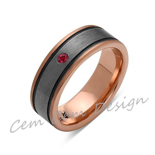 8mm,Red Ruby,New,Unique,Rose Brushed,Rose Gold, Black Grooves,Tungsten Ring,Mens Wedding Band,Comfort Fit - LUXURY BANDS LA