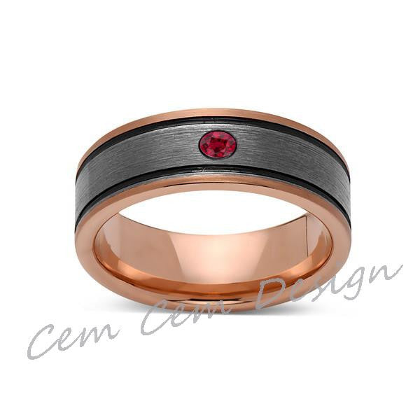 8mm,Red Ruby,New,Unique,Rose Brushed,Rose Gold, Black Grooves,Tungsten Ring,Mens Wedding Band,Comfort Fit - LUXURY BANDS LA