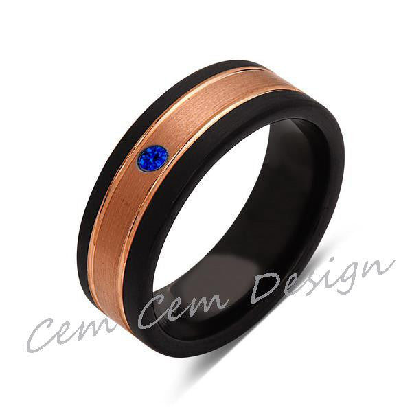 8mm,Unique,Blue Sapphire,Brushed Rose Gold, Black Brushed,Tungsten Ring,Mens Wedding Band,Comfort Fit - LUXURY BANDS LA