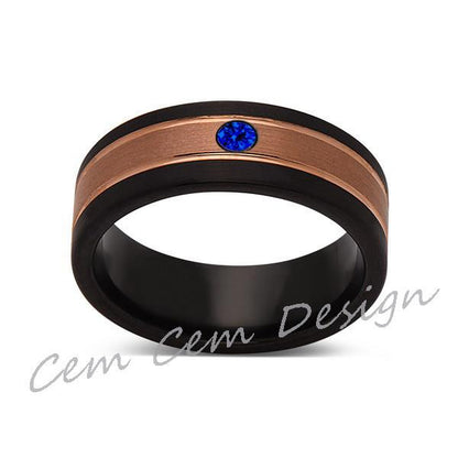 8mm,Unique,Blue Sapphire,Brushed Rose Gold, Black Brushed,Tungsten Ring,Mens Wedding Band,Comfort Fit - LUXURY BANDS LA