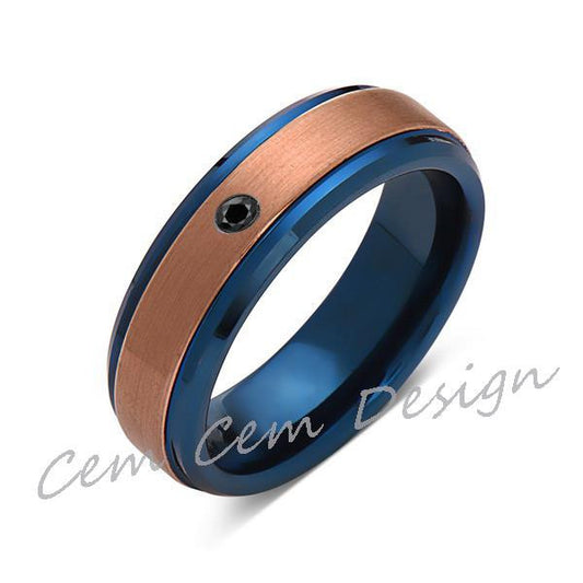 6mm,Black Diamond,Brushed Rose Gold and Blue,Tungsten Ring,Mens Wedding Band,Blue Mens Ring,Comfort Fit - LUXURY BANDS LA