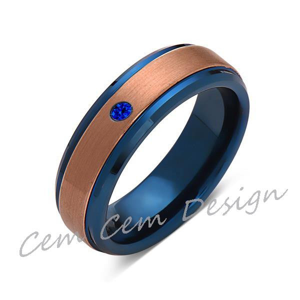 6mm,Blue Sapphire,Brushed Rose Gold and Blue,Tungsten Ring,Mens Wedding Band,Blue Mens Ring,Comfort Fit - LUXURY BANDS LA