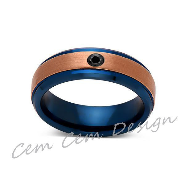 6mm,Black Diamond,Brushed Rose Gold and Blue,Tungsten Ring,Mens Wedding Band,Blue Mens Ring,Comfort Fit - LUXURY BANDS LA