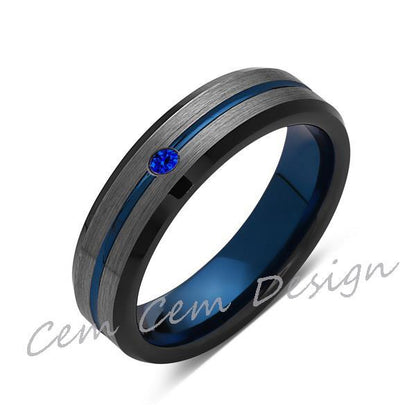 6mm,Blue Sapphire,Brushed Gun Metal,Gray and Black,Blue Tungsten Ring,Mens Wedding Band,Comfort Fit - LUXURY BANDS LA