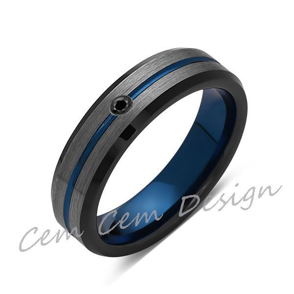 6mm,Black Diamond,Brushed Gun Metal,Gray and Black,Blue Tungsten Ring,Mens Wedding Band,Comfort Fit - LUXURY BANDS LA