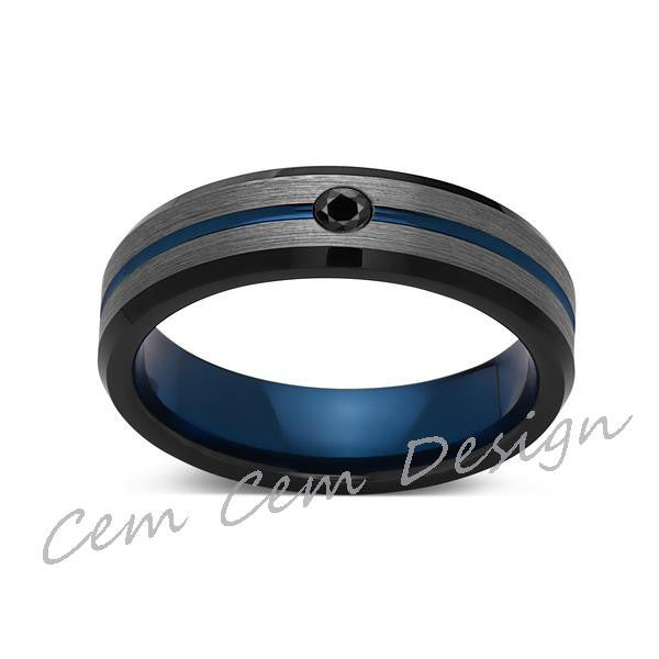 6mm,Black Diamond,Brushed Gun Metal,Gray and Black,Blue Tungsten Ring,Mens Wedding Band,Comfort Fit - LUXURY BANDS LA