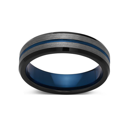 Blue Tungsten Wedding Band - Gray Brushed Tungsten Ring - 6mm - Mens Ring - Tungsten Carbide - Engagement Band - Comfort Fit - LUXURY BANDS LA