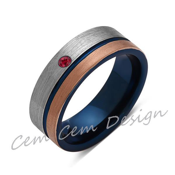 8mm,Red Ruby,Brushed Rose Gold,Gun Metal Gray and Blue,Tungsten Ring,Mens Wedding Band,Blue Mens Ring - LUXURY BANDS LA