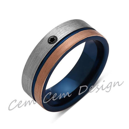8mm,Black Diamond,Brushed Rose Gold,Gun Metal Gray and Blue,Tungsten Ring,Mens Wedding Band,Blue Mens Ring - LUXURY BANDS LA