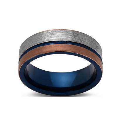 Blue Tungsten Wedding Band - Rose Gold Brushed Tungsten Ring - 8mm - Mens Ring - Brushed Tungsten Carbide - Engagement Band - Comfort Fit - LUXURY BANDS LA