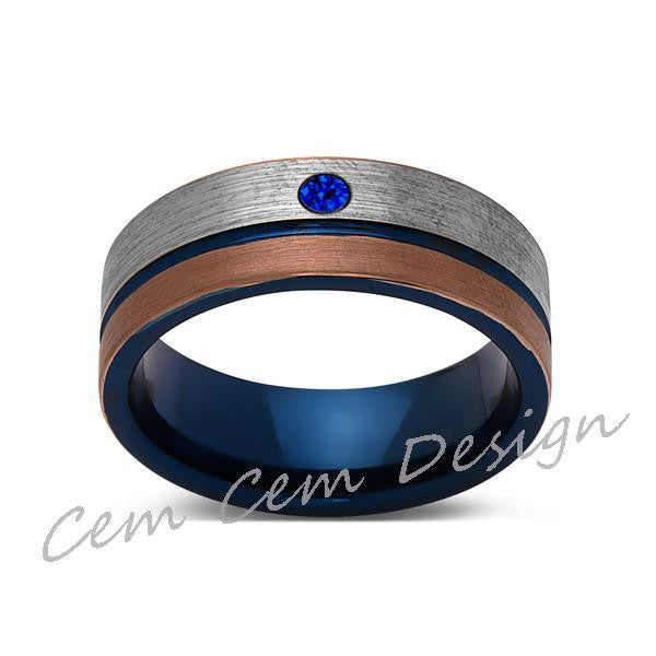 8mm,Blue Sapphire,Brushed Rose Gold,Gun Metal Gray and Blue,Tungsten Ring,Mens Wedding Band,Blue Mens Ring - LUXURY BANDS LA
