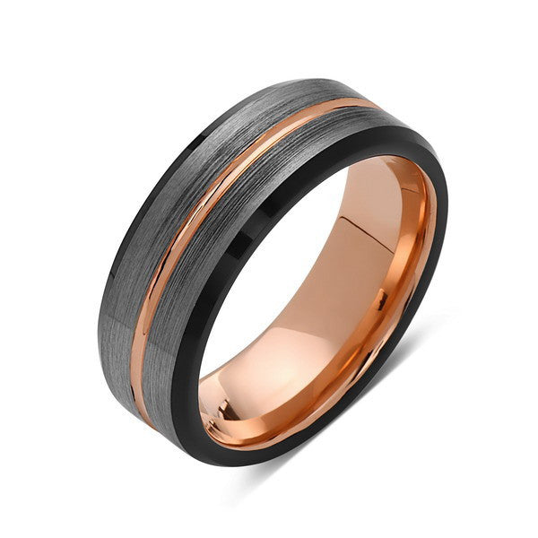 Rose Gold Tungsten Wedding Band - Gray and Black Brushed Tungsten Ring - 8mm - Mens Ring - Tungsten Carbide - Engagement Band - Comfort Fit - LUXURY BANDS LA
