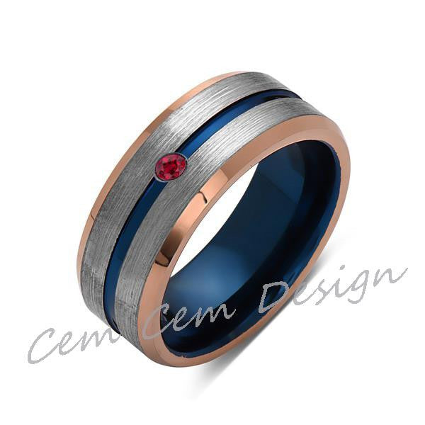 8mm,Red Ruby,Brushed Rose Gold,Gray and Blue,Tungsten Ring,Matching ,Mens Wedding Band,Blue Ring,Comfort Fit - LUXURY BANDS LA