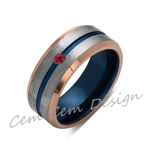 8mm,Red Ruby,Brushed Rose Gold,Gray and Blue,Tungsten Ring,Matching ,Mens Wedding Band,Blue Ring,Comfort Fit - LUXURY BANDS LA