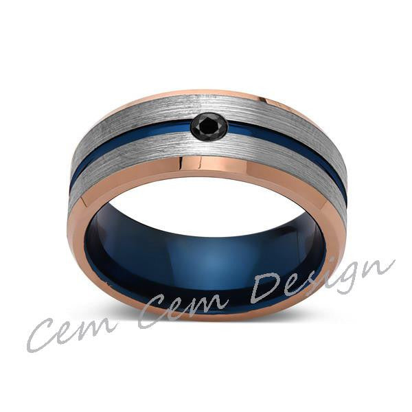 8mm,Black Diamond,Brushed Rose Gold,Gray and Blue,Tungsten Ring,Matching ,Mens Wedding Band,Blue Ring,Comfort Fit - LUXURY BANDS LA