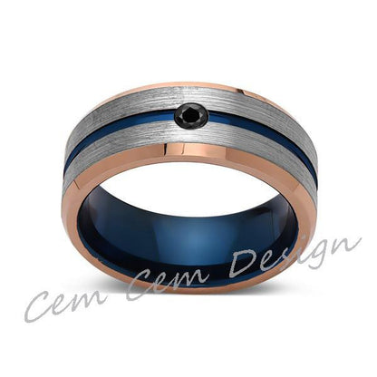 8mm,Black Diamond,Brushed Rose Gold,Gray and Blue,Tungsten Ring,Matching ,Mens Wedding Band,Blue Ring,Comfort Fit - LUXURY BANDS LA