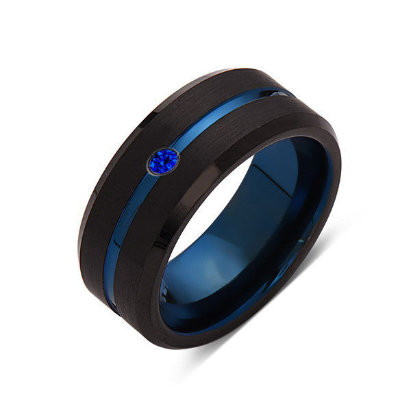 8mm,New,Blue Sapphire,Black Brushed, Blue Groove,Tungsten Ring,Mens Wedding Band,Blue Ring,Comfort Fit - LUXURY BANDS LA