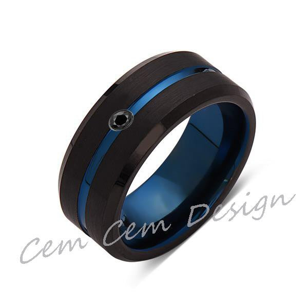 8mm,New,Black Diamond,Black Brushed, Blue Groove,Tungsten Ring,Mens Wedding Band,Blue Ring,Comfort Fit - LUXURY BANDS LA