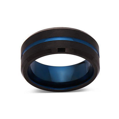 Blue Tungsten Wedding Band - Black Brushed Tungsten Ring - 8mm - Mens Ring - Tungsten Carbide - Engagement Band - Comfort Fit - LUXURY BANDS LA