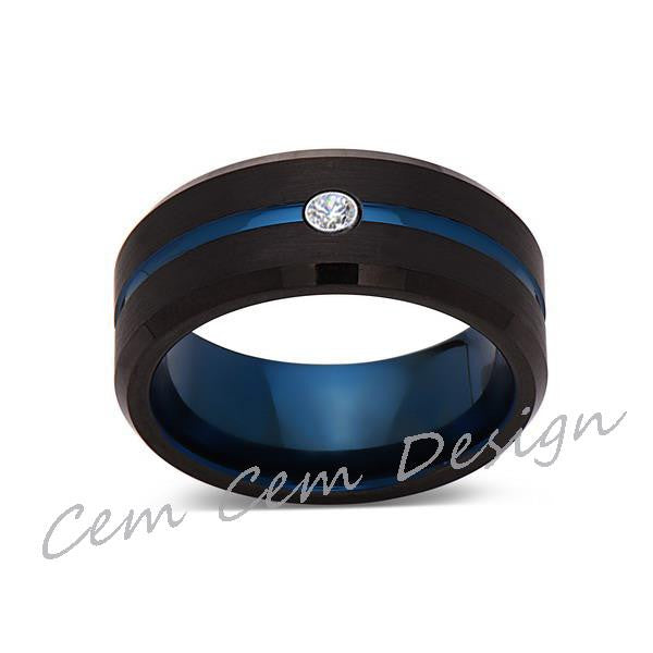 8mm,New,Diamond,Black Brushed, Blue Groove,Tungsten Ring,Mens Wedding Band,Blue Ring,Comfort Fit - LUXURY BANDS LA