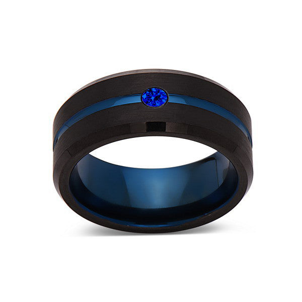 8mm,New,Blue Sapphire,Black Brushed, Blue Groove,Tungsten Ring,Mens Wedding Band,Blue Ring,Comfort Fit - LUXURY BANDS LA