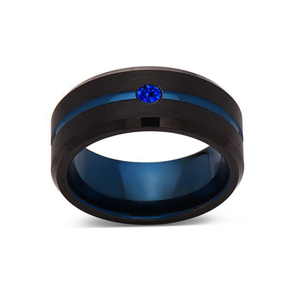 8mm,New,Blue Sapphire,Black Brushed, Blue Groove,Tungsten Ring,Mens Wedding Band,Blue Ring,Comfort Fit - LUXURY BANDS LA