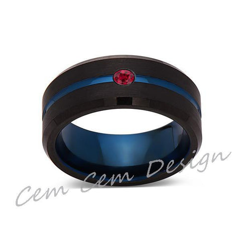 8mm,New,Red Ruby,Black Brushed, Blue Groove,Tungsten Ring,Mens Wedding Band,Blue Ring,Comfort Fit - LUXURY BANDS LA