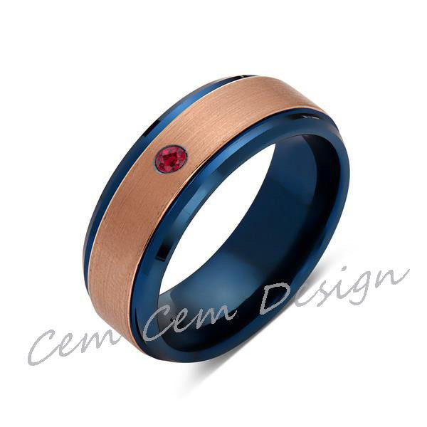 8mm,Red Ruby,Brushed Rose Gold and Blue,Tungsten Ring,Mens Wedding Band,Blue Mens Ring,Comfort Fit - LUXURY BANDS LA