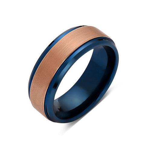 Blue Tungsten Wedding Band - Rose Gold Brushed Tungsten Ring - 8mm- Mens Ring - Tungsten Carbide - Engagement Band - Comfort Fit - LUXURY BANDS LA