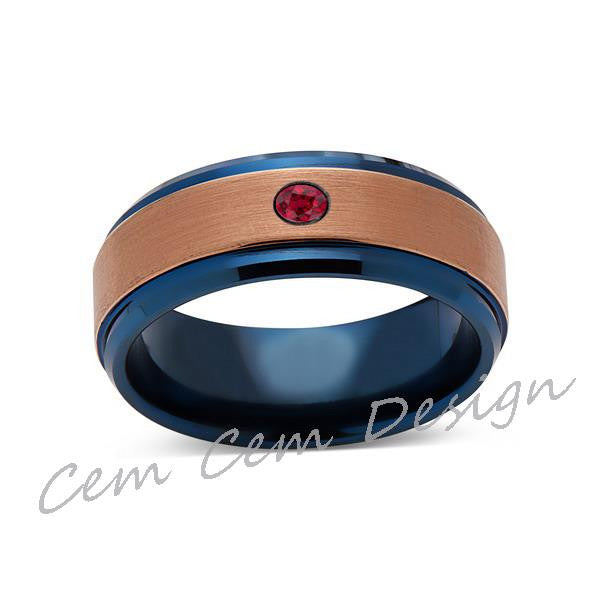 8mm,Red Ruby,Brushed Rose Gold and Blue,Tungsten Ring,Mens Wedding Band,Blue Mens Ring,Comfort Fit - LUXURY BANDS LA