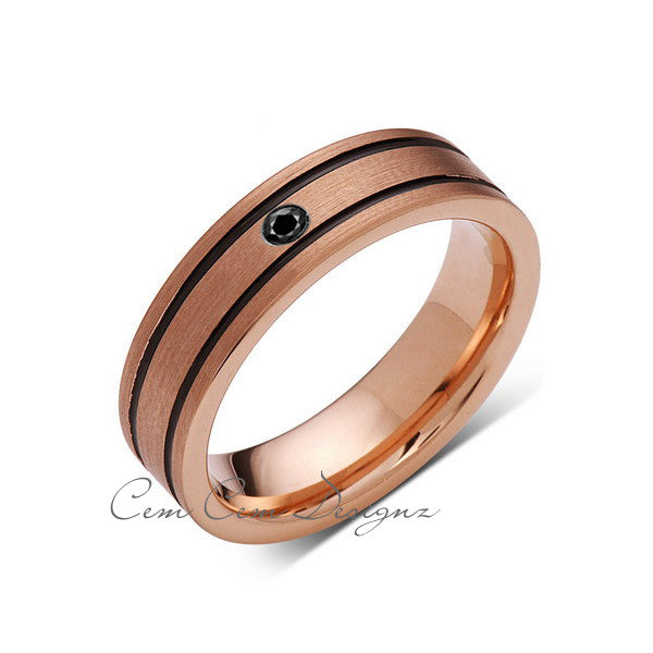 6mm,New,Black Diamond,Rose Brushed,Rose Gold,Black Grooves,Tungsten Ring,Mens Wedding Band,Comfort Fit - LUXURY BANDS LA