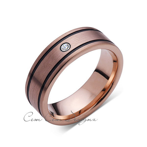 8mm,New,Diamond,Rose Brushed,Rose Gold,Black Grooves,Tungsten Ring,Mens Wedding Band,Comfort Fit - LUXURY BANDS LA