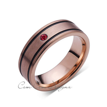 8mm,New,Red Ruby,Rose Brushed,Rose Gold,Black Grooves,Tungsten Ring,Mens Wedding Band,Comfort Fit - LUXURY BANDS LA
