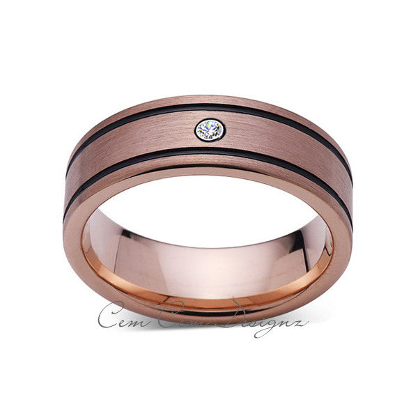 8mm,New,Diamond,Rose Brushed,Rose Gold,Black Grooves,Tungsten Ring,Mens Wedding Band,Comfort Fit - LUXURY BANDS LA