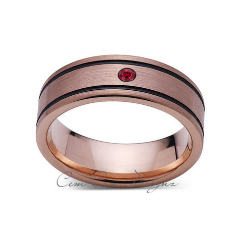 8mm,New,Red Ruby,Rose Brushed,Rose Gold,Black Grooves,Tungsten Ring,Mens Wedding Band,Comfort Fit - LUXURY BANDS LA