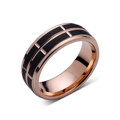 Rose Gold Tungsten Ring - Black Brushed Wedding Band - 8 mm Ring - Unique Engagment Band - Comfort Fit - LUXURY BANDS LA